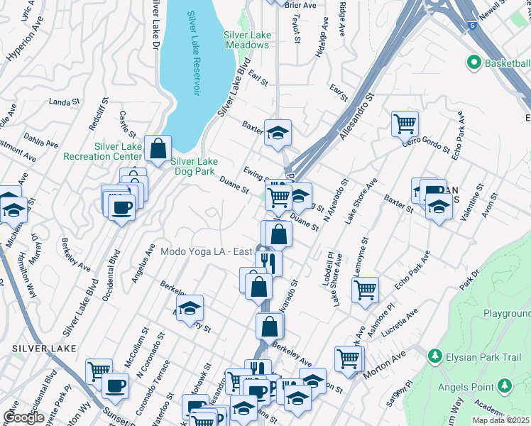 map of restaurants, bars, coffee shops, grocery stores, and more near 1855 Silent Era Drive in Los Angeles