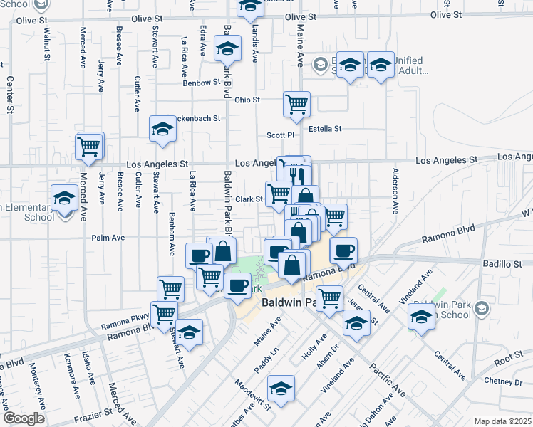 map of restaurants, bars, coffee shops, grocery stores, and more near 623 Park Shadow Court in Baldwin Park