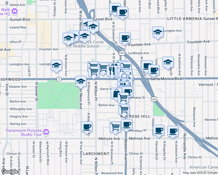 map of restaurants, bars, coffee shops, grocery stores, and more near 5452 Sierra Vista Avenue in Los Angeles