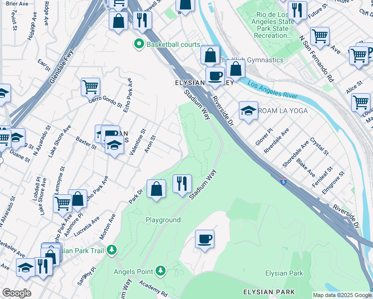 map of restaurants, bars, coffee shops, grocery stores, and more near 2100 Park Drive in Los Angeles