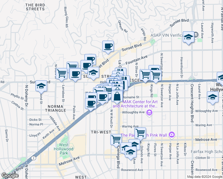 map of restaurants, bars, coffee shops, grocery stores, and more near West Knoll Drive in West Hollywood