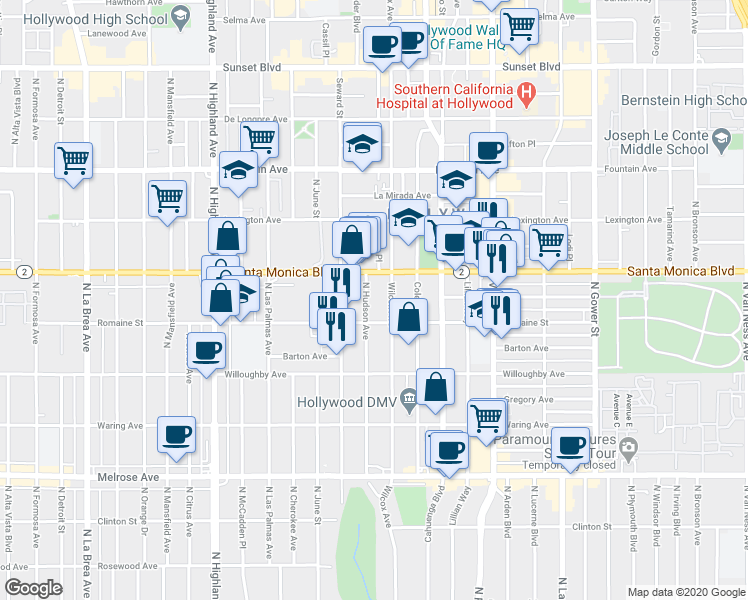map of restaurants, bars, coffee shops, grocery stores, and more near in West Hollywood