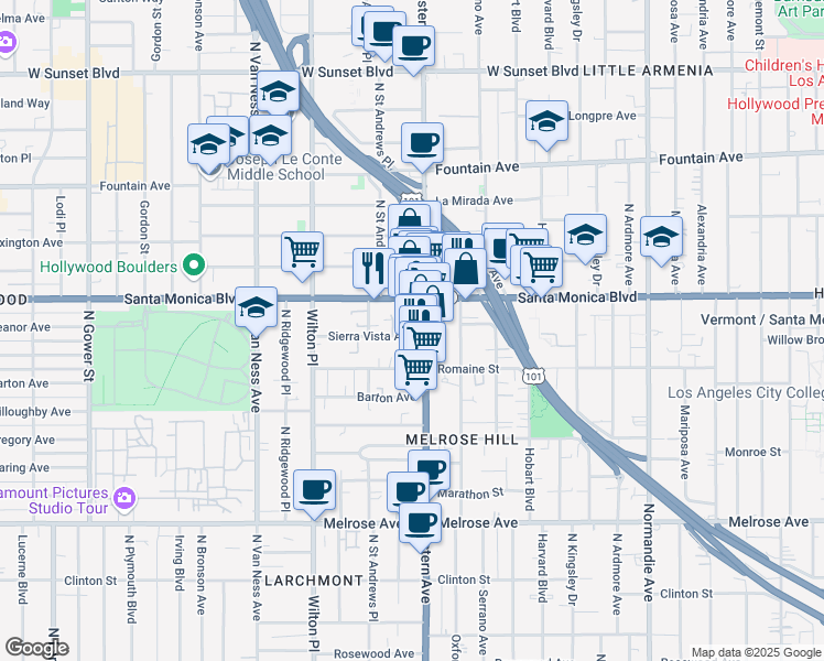 map of restaurants, bars, coffee shops, grocery stores, and more near 5407 Sierra Vista Avenue in Los Angeles