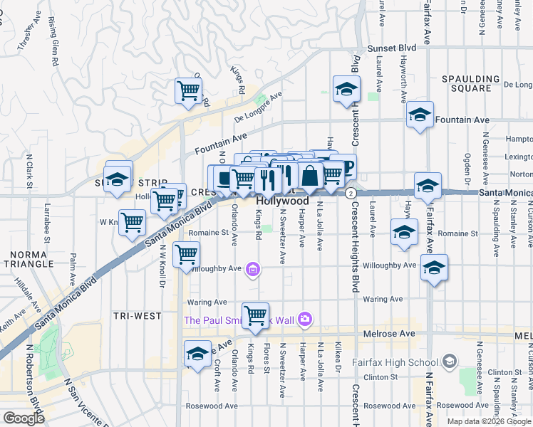 map of restaurants, bars, coffee shops, grocery stores, and more near 1030 Kings Road in West Hollywood