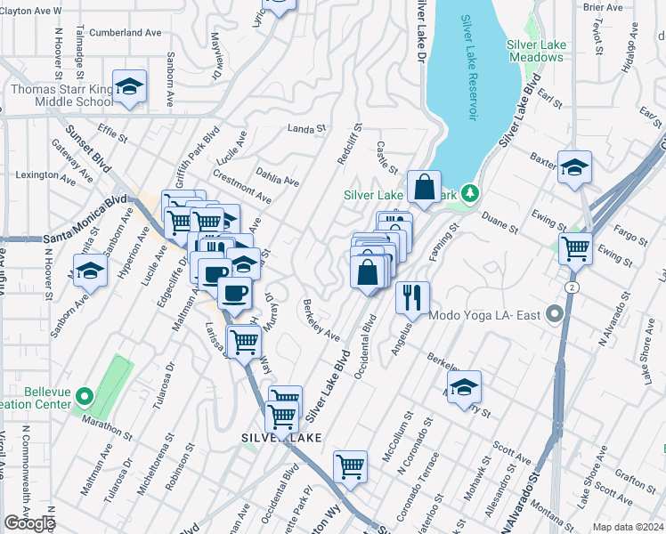 map of restaurants, bars, coffee shops, grocery stores, and more near 1662 Rotary Drive in Los Angeles