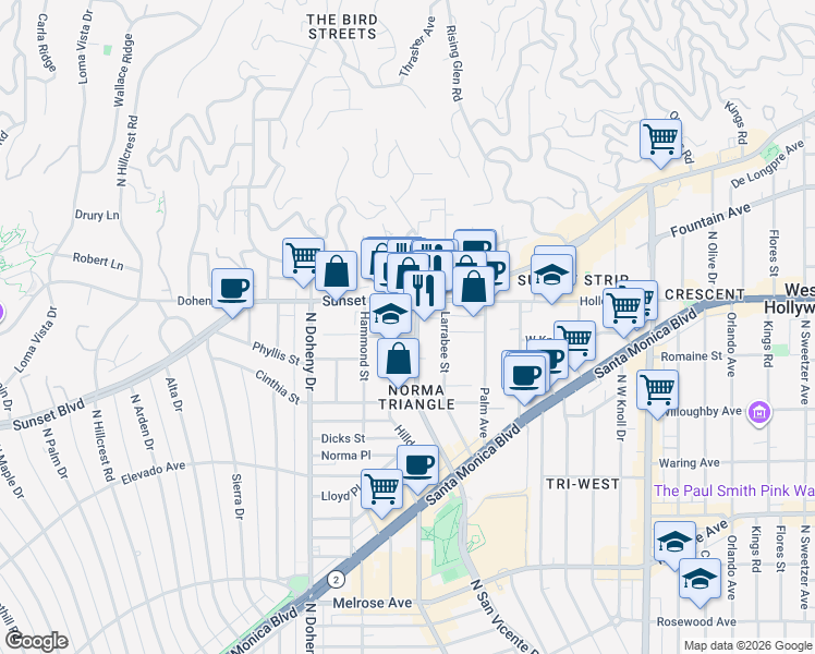 map of restaurants, bars, coffee shops, grocery stores, and more near 8906 Sunset Boulevard in West Hollywood
