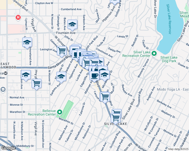 map of restaurants, bars, coffee shops, grocery stores, and more near Maltman Ave & Sunset Blvd in Los Angeles