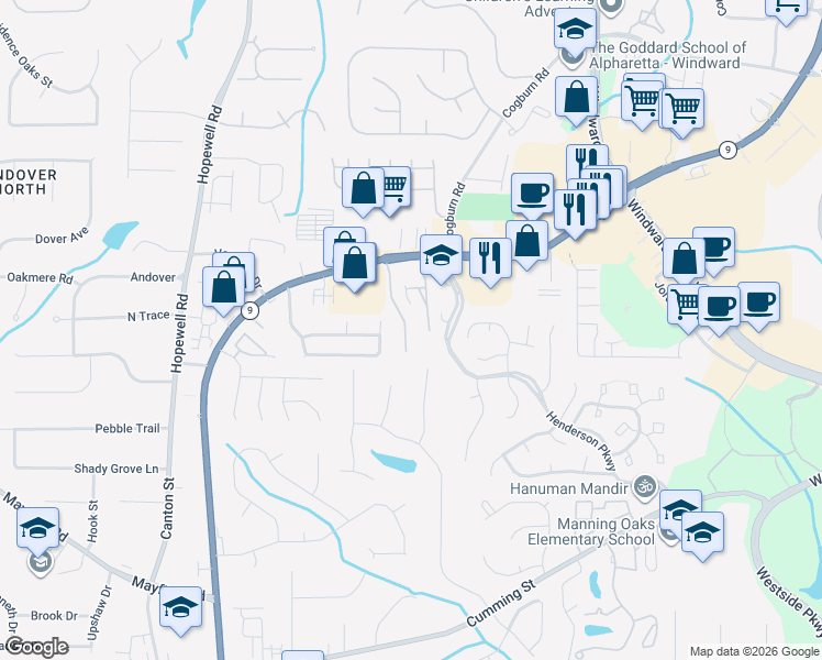 map of restaurants, bars, coffee shops, grocery stores, and more near 231 Water Oak Place in Alpharetta