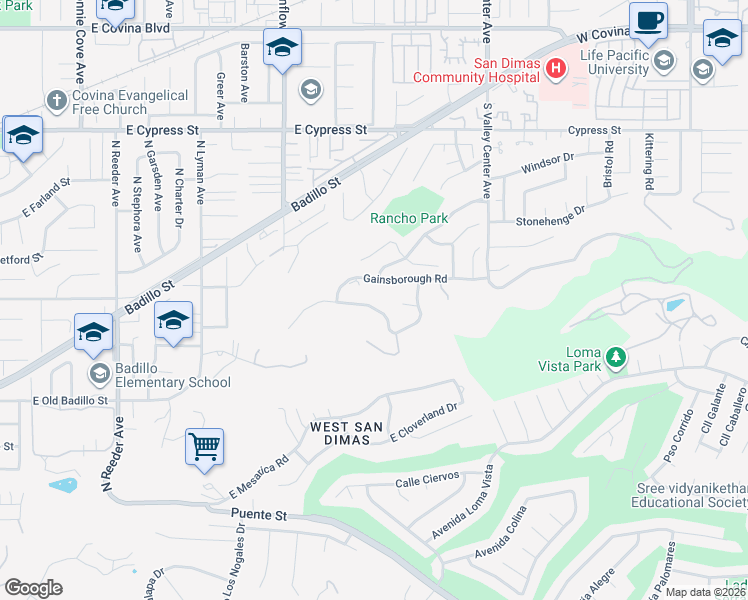 map of restaurants, bars, coffee shops, grocery stores, and more near 1151 Edinburgh Road in San Dimas