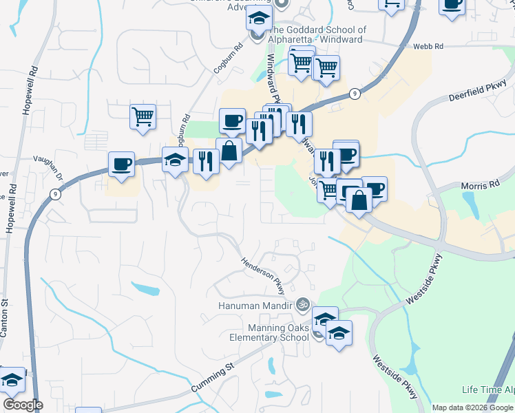 map of restaurants, bars, coffee shops, grocery stores, and more near 2691 Ashleigh Lane in Alpharetta