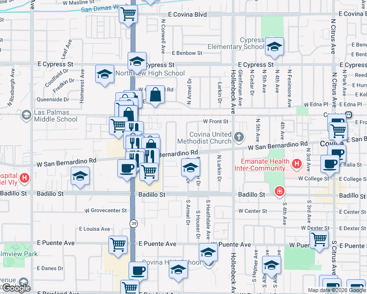 map of restaurants, bars, coffee shops, grocery stores, and more near 515 North Armel Drive in Covina