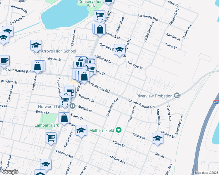 map of restaurants, bars, coffee shops, grocery stores, and more near 11738 1/2 Roseglen Street in El Monte