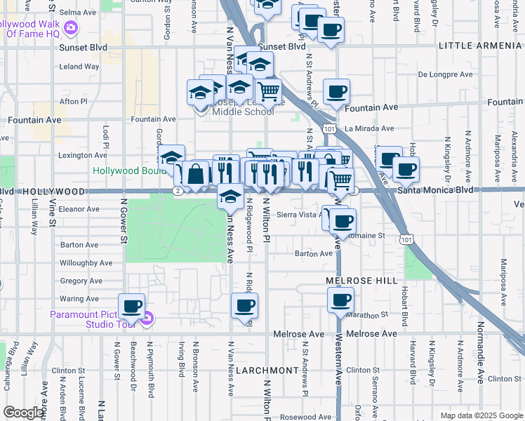 map of restaurants, bars, coffee shops, grocery stores, and more near 1055 North Wilton Place in Los Angeles