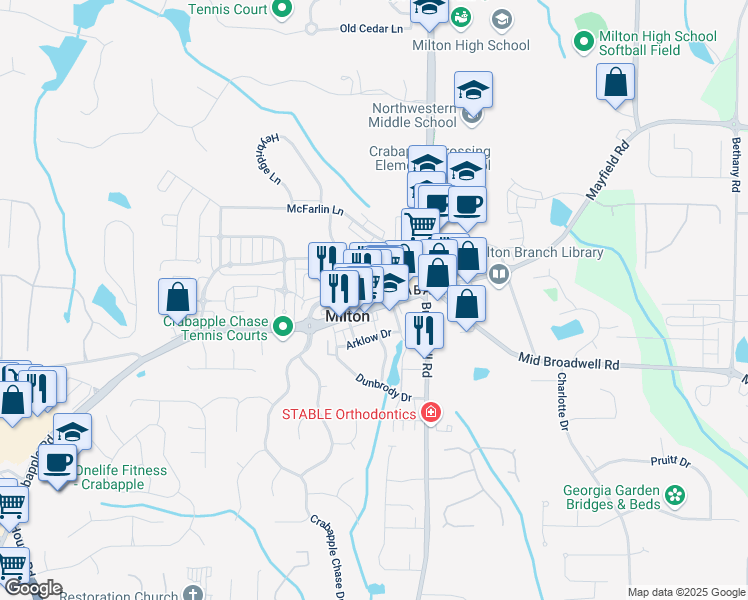 map of restaurants, bars, coffee shops, grocery stores, and more near 12650 Crabapple Road in Alpharetta