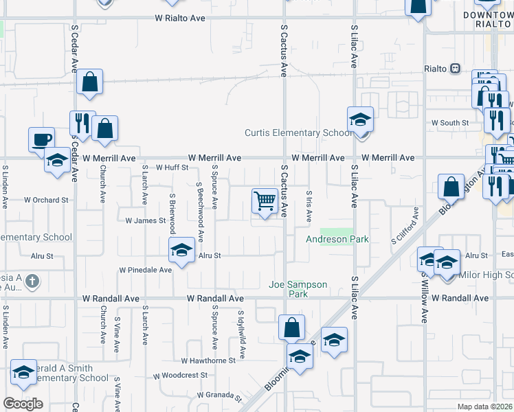 map of restaurants, bars, coffee shops, grocery stores, and more near 787 West Carter Street in Rialto
