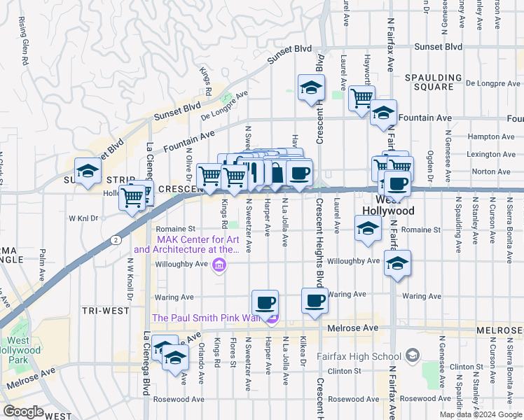 map of restaurants, bars, coffee shops, grocery stores, and more near 1035 North Harper Avenue in West Hollywood
