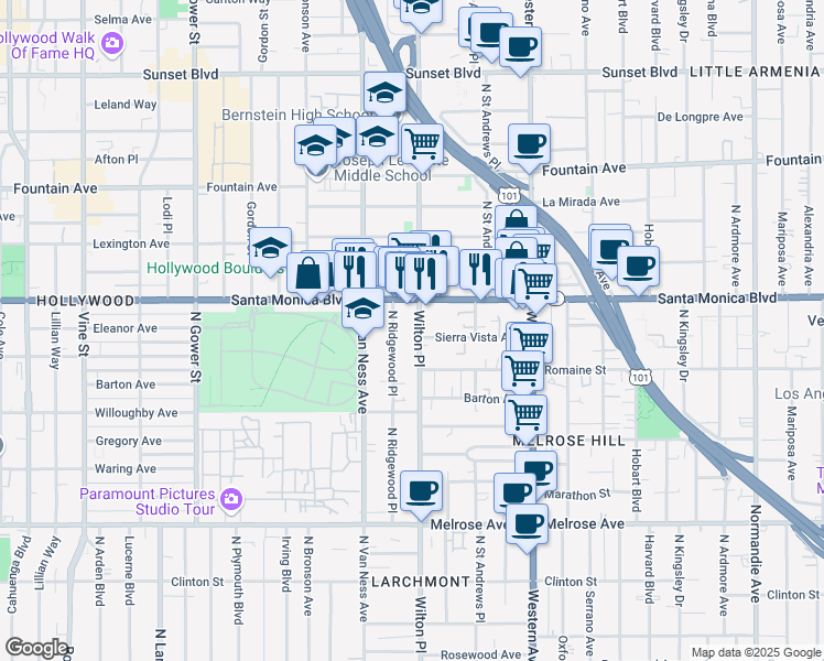 map of restaurants, bars, coffee shops, grocery stores, and more near 1055 North Wilton Place in Los Angeles