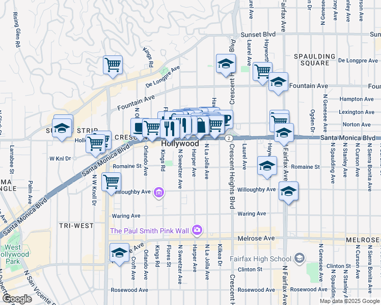 map of restaurants, bars, coffee shops, grocery stores, and more near 1035 North Harper Avenue in West Hollywood