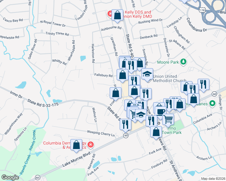 map of restaurants, bars, coffee shops, grocery stores, and more near 236 Friarsgate Boulevard in Irmo