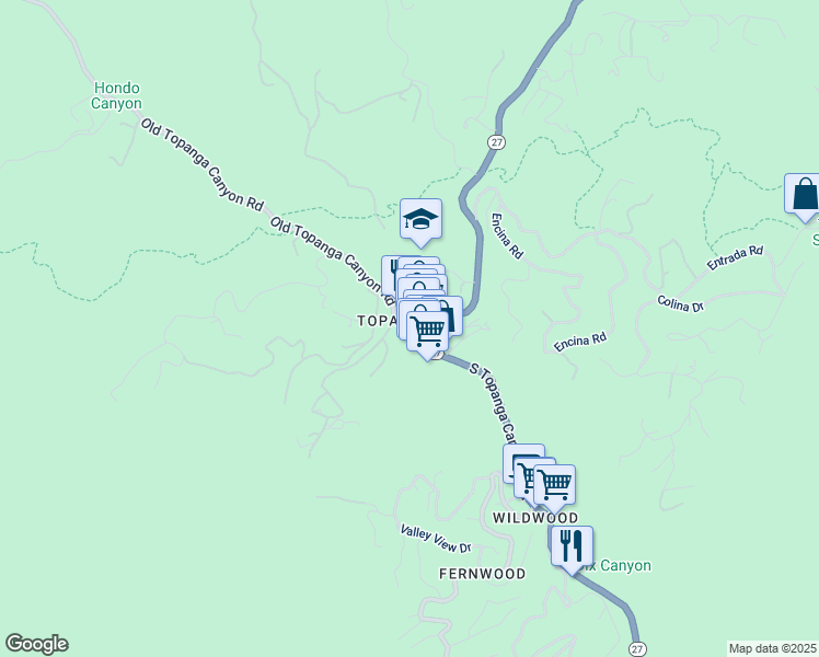 map of restaurants, bars, coffee shops, grocery stores, and more near 2 Old Topanga Canyon Road in Topanga