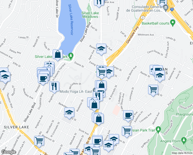 map of restaurants, bars, coffee shops, grocery stores, and more near 1855 Silent Era Drive in Los Angeles