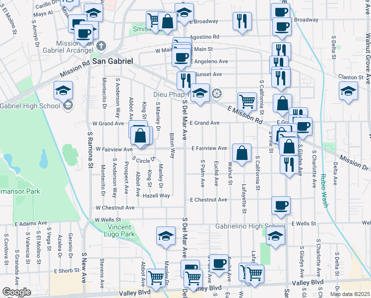 map of restaurants, bars, coffee shops, grocery stores, and more near South Del Mar Avenue & West Fairview Avenue in San Gabriel
