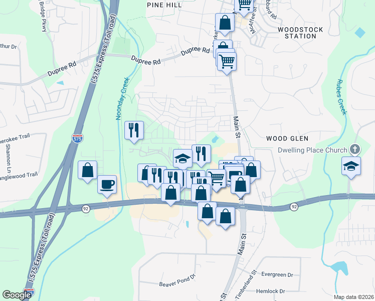 map of restaurants, bars, coffee shops, grocery stores, and more near 211 Woodpark Place in Woodstock