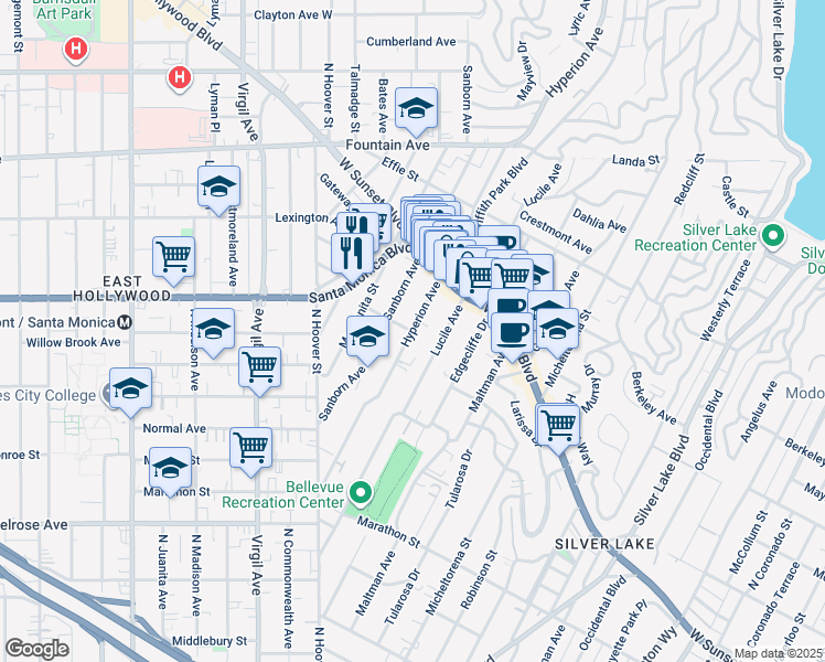 map of restaurants, bars, coffee shops, grocery stores, and more near Hyperion Ave & Del Mar Ave in Los Angeles