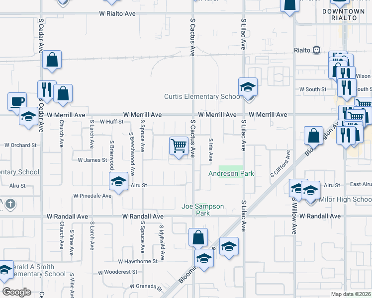 map of restaurants, bars, coffee shops, grocery stores, and more near 711 West Carter Street in Rialto