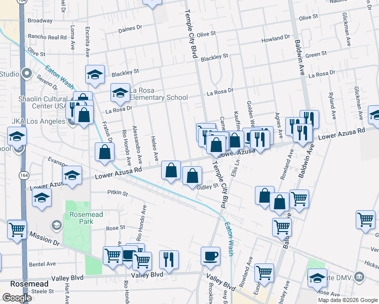map of restaurants, bars, coffee shops, grocery stores, and more near 4838 Fiesta Avenue in Temple City