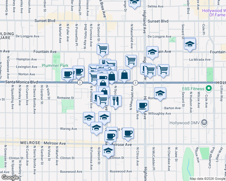 map of restaurants, bars, coffee shops, grocery stores, and more near in Los Angeles