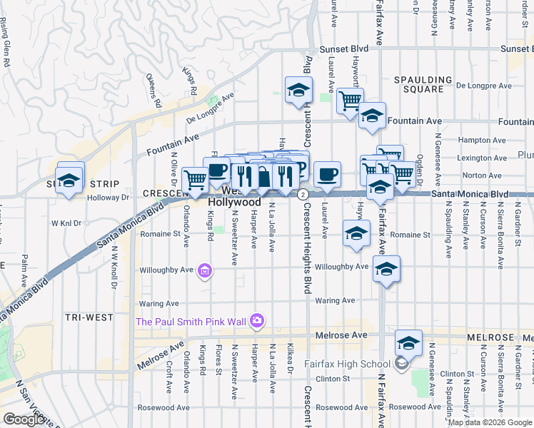 map of restaurants, bars, coffee shops, grocery stores, and more near 1033 North La Jolla Avenue in West Hollywood
