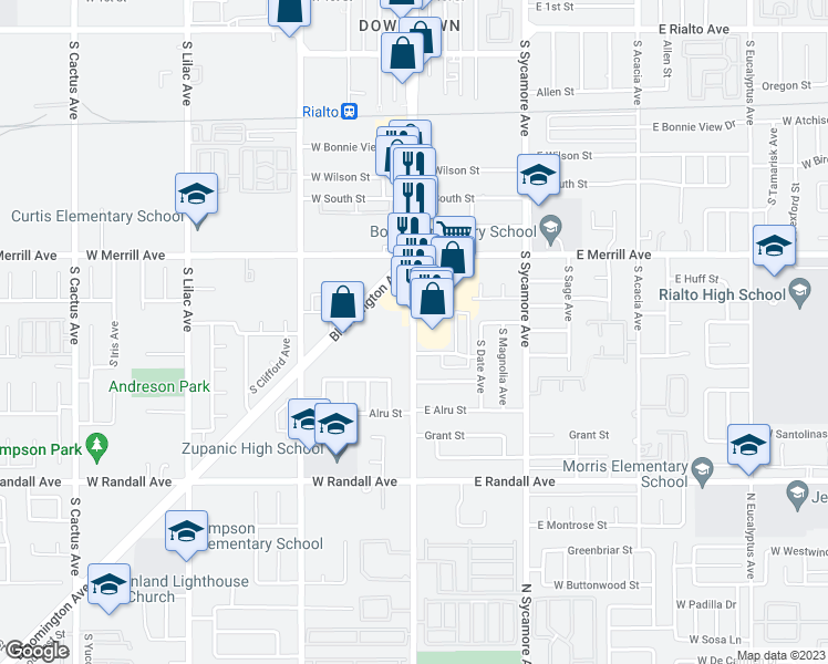 map of restaurants, bars, coffee shops, grocery stores, and more near 602 South Riverside Avenue in Rialto