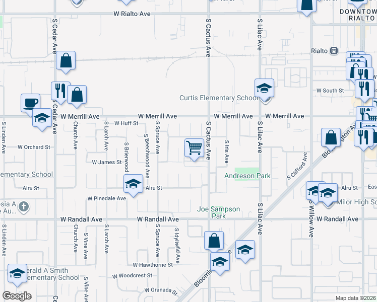 map of restaurants, bars, coffee shops, grocery stores, and more near 787 West Carter Street in Rialto