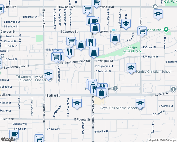 map of restaurants, bars, coffee shops, grocery stores, and more near 431 North Grand Avenue in Covina