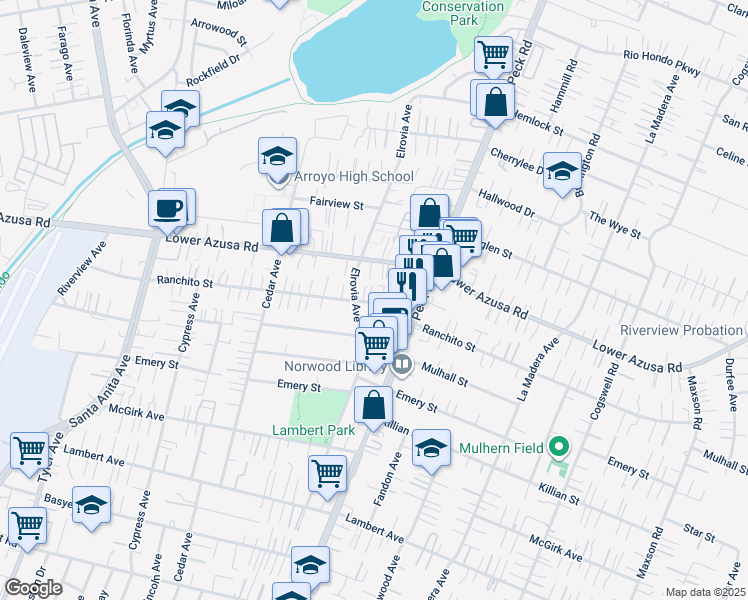 map of restaurants, bars, coffee shops, grocery stores, and more near 11510 Lower Azusa Road in El Monte