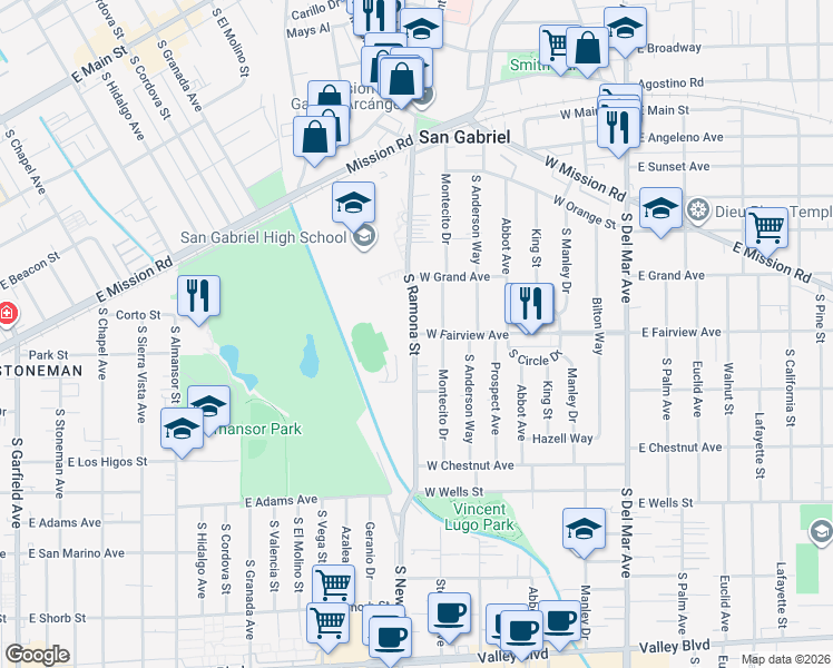 map of restaurants, bars, coffee shops, grocery stores, and more near 931 Montecito Drive in San Gabriel