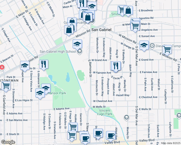 map of restaurants, bars, coffee shops, grocery stores, and more near 925 South Ramona Street in San Gabriel