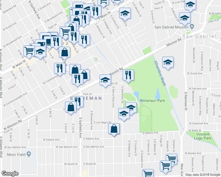 map of restaurants, bars, coffee shops, grocery stores, and more near 316 Corto Street in Alhambra