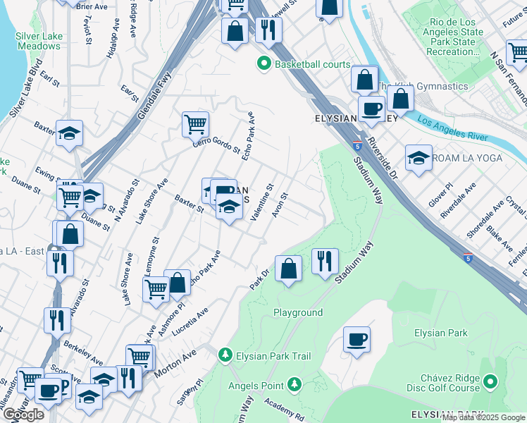 map of restaurants, bars, coffee shops, grocery stores, and more near 2165 Valentine Street in Los Angeles