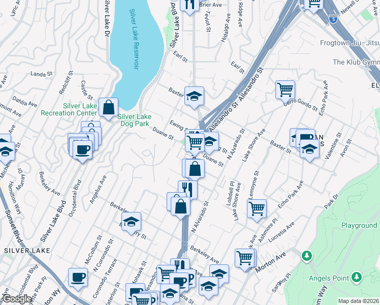 map of restaurants, bars, coffee shops, grocery stores, and more near 1901 Waterloo Street in Los Angeles