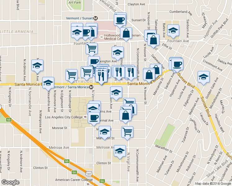 map of restaurants, bars, coffee shops, grocery stores, and more near 4574 Santa Monica Boulevard in Los Angeles