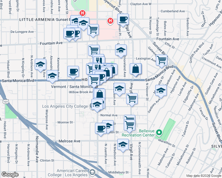 map of restaurants, bars, coffee shops, grocery stores, and more near 4620 Santa Monica Boulevard in Los Angeles