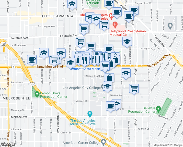 map of restaurants, bars, coffee shops, grocery stores, and more near 1028 North Berendo Street in Los Angeles