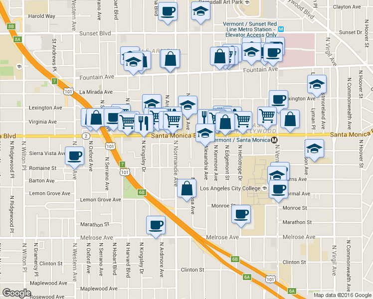 map of restaurants, bars, coffee shops, grocery stores, and more near 1050 North Mariposa Avenue in Los Angeles