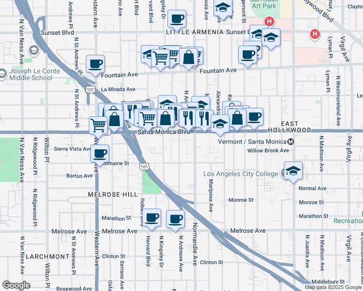 map of restaurants, bars, coffee shops, grocery stores, and more near in Los Angeles