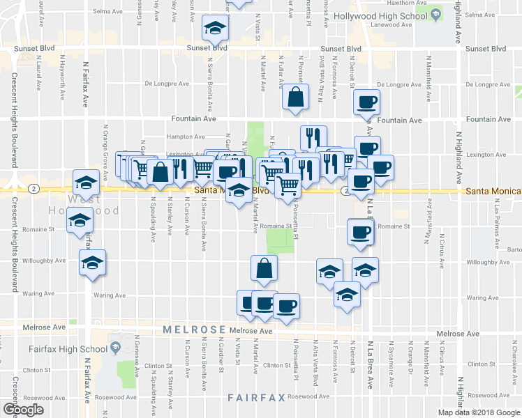 map of restaurants, bars, coffee shops, grocery stores, and more near 7404 California 2 in West Hollywood