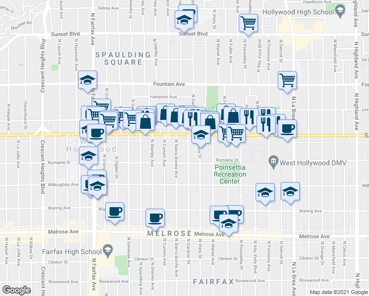 map of restaurants, bars, coffee shops, grocery stores, and more near 7496 Santa Monica Boulevard in West Hollywood