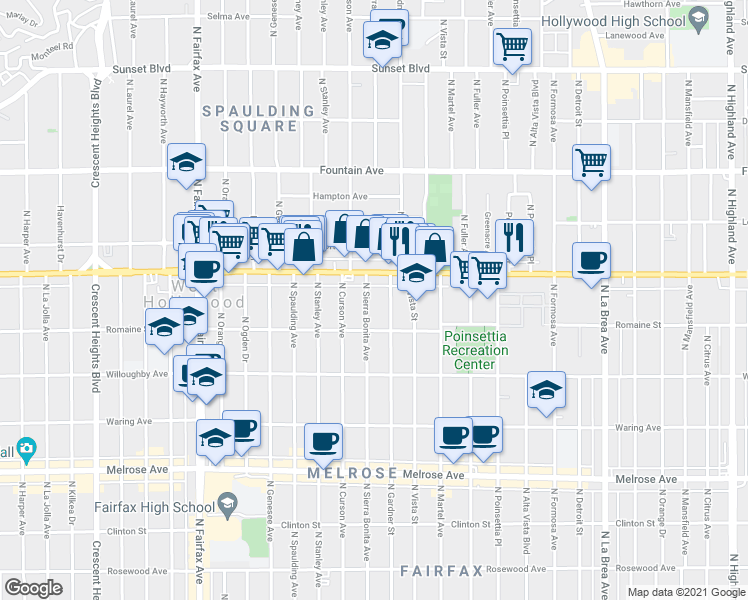 map of restaurants, bars, coffee shops, grocery stores, and more near 1065 North Sierra Bonita Avenue in West Hollywood