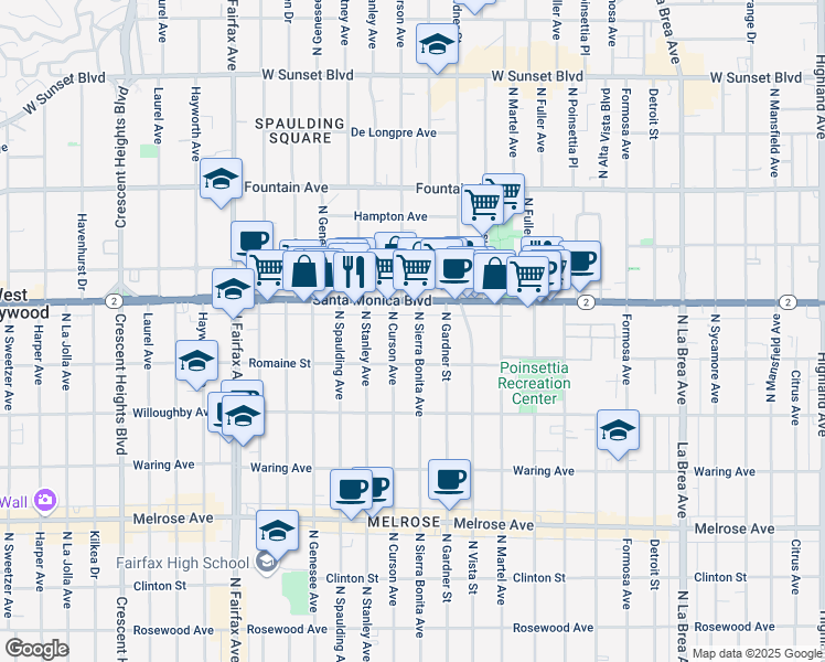 map of restaurants, bars, coffee shops, grocery stores, and more near 1065 North Sierra Bonita Avenue in West Hollywood